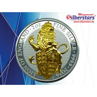 2 OZ  Silber Queens Beasts Lion of England 2016  mit Goldapplikation