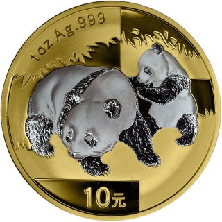10 Yuan China Panda 2008 gilded reverse in Box + CoA