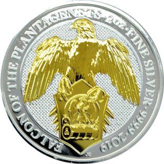 2 OZ Silber Queens Beasts Falcon of the Plantagenets 2019 mit Goldapplikation