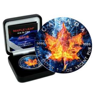 1 OZ Silber Maple Leaf 2019  Color ICE &amp; FIRE Edition in Box + CoA