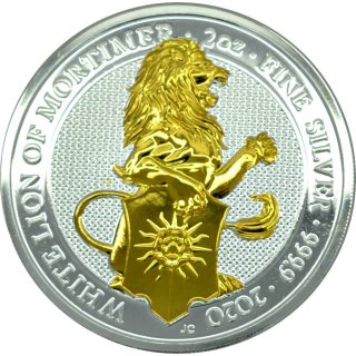 2 OZ Silber Queens Beasts White Lion of Mortimer  2020 gilded