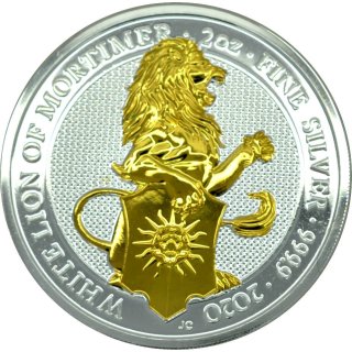 2 OZ Silber Queens Beasts White Lion of Mortimer  2020 mit Goldapplikation