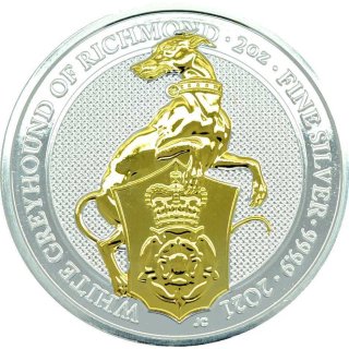 2 OZ Silber Queens Beasts White Greyhound of Richmond 2021 mit Goldapplikation