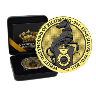 2 OZ Silber Queens Beasts White Greyhound of Richmond 2021 Gold Black Empire Edition Reverse