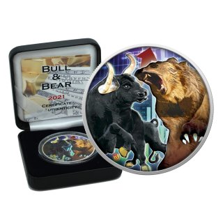 5 Dollar 2021 Tokelau Bull and Bear color 1 Unze Silber