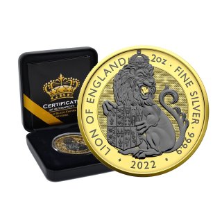 2 OZ Silber Royal Tudor Beasts Lion of England 2022 Gold Black Empire Reverse Edition