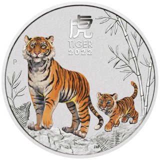 1 OZ Silber Tiger 2022 Lunar III mit Farbapplikation