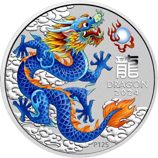 1 OZ Silber Drache 2024 Lunar III mit Farbapplikation Blau