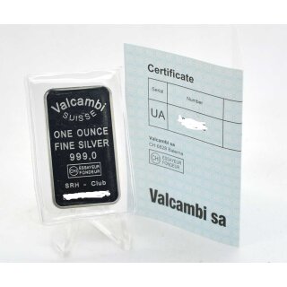 1 oz Silberbarren Valcambi Suisse mit CoA